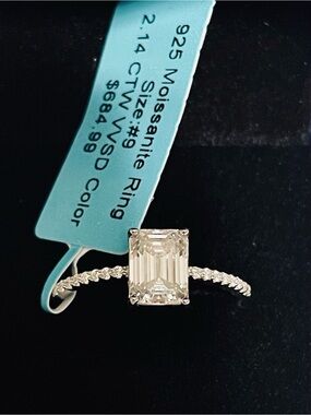 Emerald-Cut Moissanite Solitaire Ring in sterling,sz9,passes diamond tester
